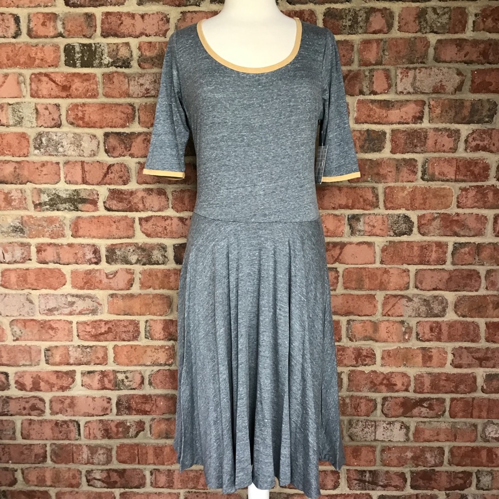 LuLaRoe Nicole Dress XL 18-20 A-Line Blue Grey with Gold Ringer New With Tags!